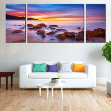 Load image into Gallery viewer, Boulders  Seascape  Canvas  Wall  Art  Purple  Sky  Sea  Triptych  Canvas  Set  Yellow  Ocean  Rocks 3  Piece  Canvas  Print For Living Room
