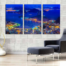 Load image into Gallery viewer, Brazil Cityscape Canvas Print Yellow City Mountains 3 Piece Canvas Wall Art Blue Sugarloaf Mountain Skyline Canvas Set In Living Room
