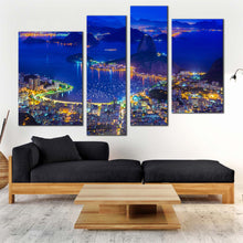 Load image into Gallery viewer, Brazil Cityscape Canvas Print Yellow City Mountains 4 Piece Canvas Wall Art Blue Sugarloaf Mountain Skyline Canvas Set For Living room
