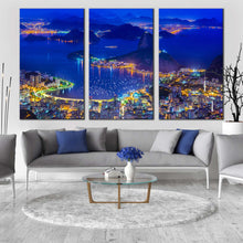 Load image into Gallery viewer, Brazil Skyline Canvas Wall Art Blue Sugarloaf Mountain Night View 3 Piece Canvas Print Rio de Janeiro Yellow City Triptych Multiple Canvas For Living Room
