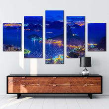 Load image into Gallery viewer, Brazil Skyline Canvas Wall Art Blue Sugarloaf Mountain Night View 5 Piece Canvas Print Rio de Janeiro Yellow City Multiple Canvas
