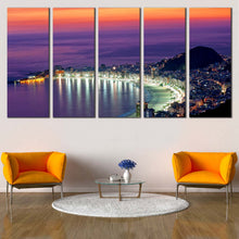 Load image into Gallery viewer, Brazil Beach Canvas Wall Art Purple Copacabana City Beach  5 Piece Canvas Print Rio de Janeiro Orange Sky Multiple Canvas For Living room
