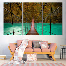 Load image into Gallery viewer, Bridge Sea Canvas Wall Art Green Park River  3 Piece Multiple Canvas Brown Suspension Bridge Ocean Canvas Print For Living Room
