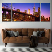 Load image into Gallery viewer, Brooklyn Bridge Canvas Wall Art Blue New York Manhattan Skyline  3 Piece Canvas Print Brown Freedom Tower Night Cityscape Canvas Artwork In Living Room
