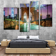 Load image into Gallery viewer, Brooklyn Bridge Canvas Wall Art Green City Bridge at Night Canvas Artwork New York City Purple Sky Bedroom 4 Piece Canvas Print For Your Bedroom
