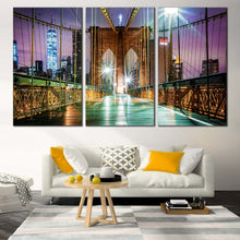 Load image into Gallery viewer, Brooklyn Bridge Canvas Wall Art Green City Bridge at Night Canvas Artwork New York City Purple Sky  3 Piece Canvas Print For Living Room
