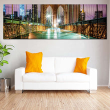 Load image into Gallery viewer, Brooklyn  Bridge  Canvas  Wall  Art  Green  City  Bridge  at  Night  Canvas  Artwork  New  York  City  Purple  Sky  Living  Room  Panoramic  Canvas  Print For Living Room
