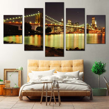 Load image into Gallery viewer, Brooklyn  Bridge  Canvas  Wall  Art  Yellow  City  Bridge  Lights    5  Piece  Canvas  Print  Grey  New  York  Skyline  Multi  Canvas  Artwork For Bedroom
