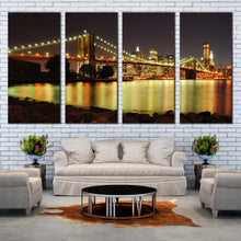 Load image into Gallery viewer, Brooklyn Bridge Canvas Wall Art Yellow City Bridge Lights  4 Piece Canvas Print Grey New York Skyline Multi Canvas Artwork For Living room

