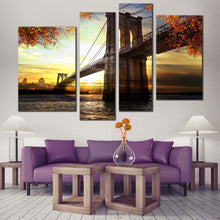 Load image into Gallery viewer, Brooklyn NYC Bridge Dramatic Sunset 4 panel canvas print
