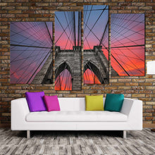 Load image into Gallery viewer, Brooklyn NYC Bridge Dramatic Sunset 4 panel canvas print In Living Room
