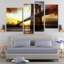 Load image into Gallery viewer, Brooklyn NYC Bridge Dramatic Sunset 4 piece wall art For Your Bedroom
