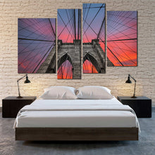 Load image into Gallery viewer, Brooklyn NYC Bridge Dramatic Sunset Grey orange pink Sky 4 piece wall decor For Bedroom
