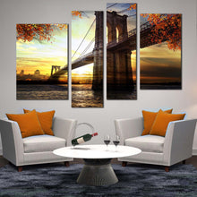 Load image into Gallery viewer, Brooklyn NYC Bridge Dramatic Sunset Grey orange pink Sky 4 piece wall decor In Living Room
