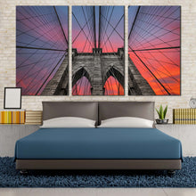 Load image into Gallery viewer, Brooklyn NYC Bridge Dramatic Sunset multi panel canvas print For Your Bedroom
