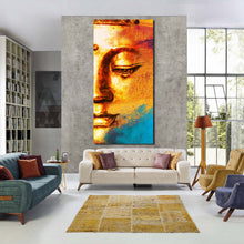 Load image into Gallery viewer, Buddha Face Canvas Wall Art Golden Buddha Close Up Canvas Print Yellow Blue Buddha Abstract 1 Piece Canvas For Living Room
