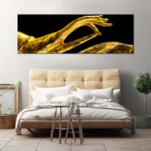 Load image into Gallery viewer, Buddha Meditation Canvas Wall Art Yellow Peaceful Buddha Hands Panoramic Canvas Print Golden Lord Buddha Statue Canvas Artwork For Bedroom
