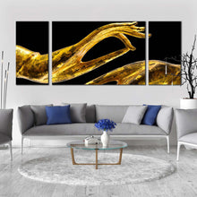 Load image into Gallery viewer, Buddha Statue Canvas Wall Art Golden Yellow Old Buddha Hands 3 Piece Multi Canvas Artwork Buddha Meditation Canvas Print In Living Room
