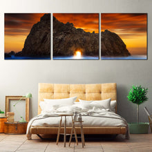 Load image into Gallery viewer, Burns  State  Park  Canvas  Wall  Art  Keyhole  Rock  Canvas  Print  Yellow  Sunlight  Shining  Through  Rock  Multiple  Canvas  Orange  Ocean  Rocks  Sunset  Bedroom  3  Piece  Canvas For Bedroom
