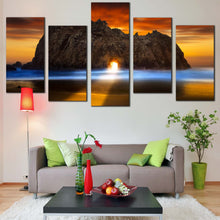 Load image into Gallery viewer, Burns State Park Canvas Wall Art Keyhole Rock Canvas Print Yellow Sunlight Shining Through Rock Multiple Canvas Orange Ocean Rocks Sunset In Living Room
