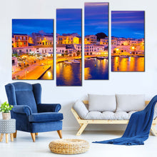 Load image into Gallery viewer, Calasfonts Cales Canvas Wall Art Balearic Island Yellow Light Reflection  4 Piece Canvas Print Blue Sky Harbor Canals Multiple Canvas
