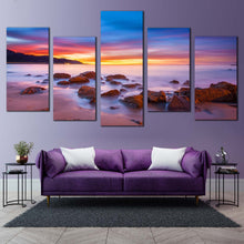 Load image into Gallery viewer, California Coast Canvas Print Purple Ocean Rocks Canvas  Wall Art Yellow Cloudy Sky Ocean 5 Piece Canvas In Living Room
