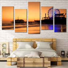 Load image into Gallery viewer, California Ocean Canvas Print Orange Ocean Beach  5 Piece Canvas Wall Art Blue Neon lit Ferris Wheel Multi Canvas Santa Monika Beach Pier Sunset Canvas Set For Bedroom
