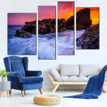 Load image into Gallery viewer, California Ocean Canvas Wall Art Orange Laguna Beach Sunset Canvas Print Blue Waves Rocks Ocean 4 Piece Multi Canvas Artwork
