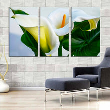 Load image into Gallery viewer, Calla Lily Canvas Wall Art Green Leaves Lily Digital Painting 3 Piece Multiple Canvas White Lily Elegance Canvas Print In Living Room
