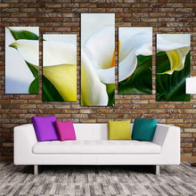 Load image into Gallery viewer, Calla Lily Canvas Wall Art Green Leaves Lily Digital Painting 5 Piece Multiple Canvas White Lily Elegance Canvas Print In Living Room
