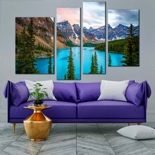 Load image into Gallery viewer, Canada Lake Canvas Wall Art Alberta Brown Mountains 4 Piece Canvas Print Blue Moraine Lake Multi Canvas Artwork
