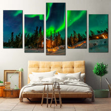 Load image into Gallery viewer, Canada Aurora Canvas Print Green Aurora Borealis  5 Piece Canvas Wall Art Dramatic Blue Starry Sky Multi Canvas For Bedroom
