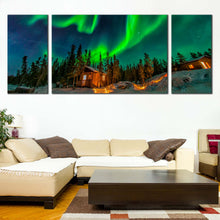 Load image into Gallery viewer, Canada Aurora Canvas Print Green Aurora Borealis  3 Piece Canvas Wall Art Dramatic Blue Starry Sky Multi Canvas In Living Room
