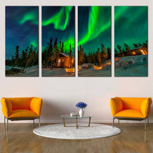 Load image into Gallery viewer, Canada Aurora Canvas Print Green Aurora Borealis   4 Piece Canvas Canvas Wall Art Dramatic Blue Starry Sky Multi Canvas In Living Room
