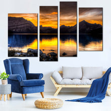 Load image into Gallery viewer, Canada Landscape Canvas Wall Art Cloudy Orange Sunset Sky Canvas Set Alberta Brown Ocean Mountains Rocks  4 Piece Canvas Print 
