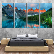 Load image into Gallery viewer, Canada Mountain Canvas Wall Art Beautiful Landscape Forest Green Trees Canvas Set Banff National Park  4 Piece Canvas Blue Moraine Lake Sky Canvas For Your Bedroom
