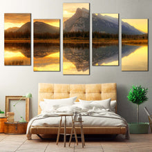 Load image into Gallery viewer, Canada Mountains Canvas Wall Art Vermillion Lake Yellow Sunset Sky Canvas Set Grey Rundle Ocean Mountains Canvas Print Banff National Park 5 Piece Canvas For Bedroom
