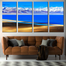 Load image into Gallery viewer, Capped Mountain Canvas Wall Art White Snow Covered Ocean Mountain  4 Piece Canvas Print Blue Lake in Tibet Canvas Artwork In Living room
