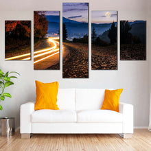 Load image into Gallery viewer, Car  Lights  Canvas  Wall  Art  Countryside  Road  Autumn  Trees  Multi  Canvas  Blue  Mountain  Landscape 5  Piece  Canvas  Print In Living Room
