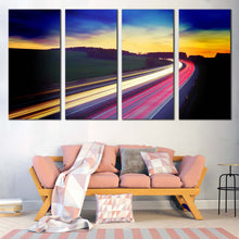 Load image into Gallery viewer, Car Lights Canvas Wall Art Dramatic Yellow Blue Sky Light Trail Canvas Set Red Car Light Trail  4 Piece Canvas Print In Living room
