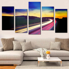 Load image into Gallery viewer, Car Lights Canvas Wall Art Dramatic Yellow Blue Sky Light Trail Canvas Set Red Car Light Trail  5 Piece Canvas Print
