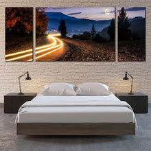 Load image into Gallery viewer, Car  Lights  Canvas  Wall  Art  Full  Moon  Cloudy  Sky  Canvas  Set  Countryside  Road  Autumn  Trees  Multi  Canvas In Bedroom
