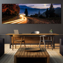 Load image into Gallery viewer, Car  Lights  Canvas  Wall  Art  Full  Moon  Cloudy  Sky  Panoramic  Canvas  Set  Countryside  Road  Autumn  Trees  Multi  Canvas In Dinning Room
