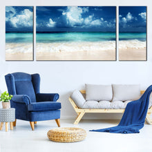 Load image into Gallery viewer, Caribbean Sea Canvas Wall Art White Sand Beach Sky Clouds  3 Piece Canvas Print Blue Ocean Sky Canvas Artwork In Living Room
