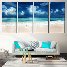 Load image into Gallery viewer, Caribbean Sea Canvas Wall Art White Sand Beach Sky Clouds  4 Piece Canvas Print Blue Ocean Sky Canvas Artwork In Living room
