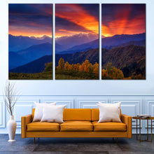 Load image into Gallery viewer, Caucasus Ridge Canvas Wall Art Geogia Mestia Landscape Canvas Set Dramatic Orange Sunbeams Sky  3 Piece Canvas Europe Ushba For Living Room
