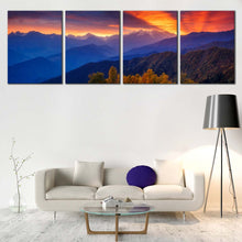 Load image into Gallery viewer, Caucasus Ridge Canvas Wall Art Geogia Mestia Landscape Canvas Set Dramatic Orange Sunbeams Sky Living Room 4 Piece Canvas Europe Ushba For Living Room

