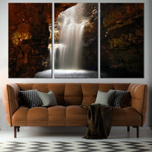 Load image into Gallery viewer, Cave Waterfall Canvas Wall Art White Waterfall in a Cave  3 Piece Canvas Scotland Brown Smoo Cave Waterfall Canvas Print For Living room
