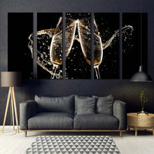 Load image into Gallery viewer, Champagne Drink Canvas WallArt Yellow Champagne Glasses 5 Piece Canvas Brown Champagne Party Glasses Liquid Canvas Print  For Living room
