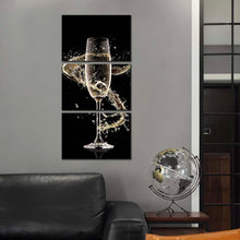 Load image into Gallery viewer, Champagne Splash Canvas Print Yellow Luxury Champagne Canvas Set Isolated Black Champagne Glass 3 Piece Canvas Print In Living Room
